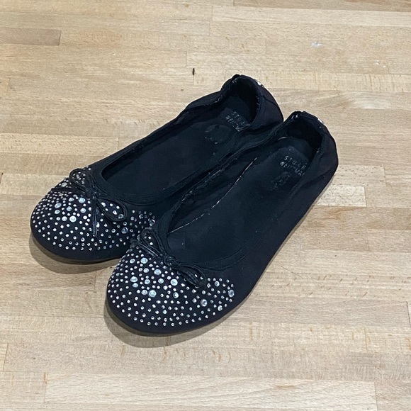 Stuart Weitzman Suede Black Rhinestones Studded Sz 4 Ballet Flats Bow - Picture 3 of 9